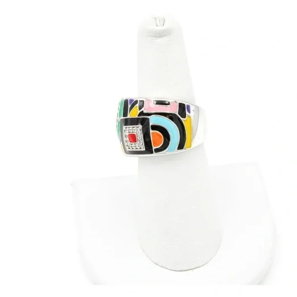 Belle Etoile Silver Enamel Mosaic Geometric Art Deco Motif Ring Size 6.5